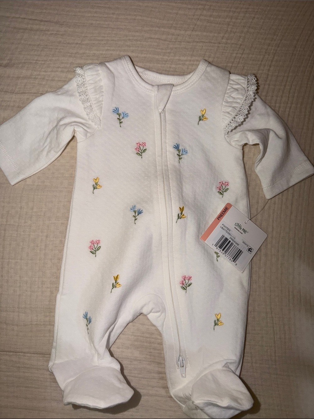 Little Me preemie Cream Floral-Embroidered Baby One-Piece